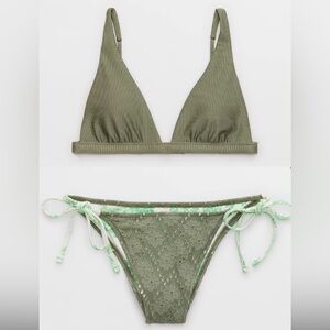NWT Aerie FULL SET Shine Rib Plunge Top + Eyelet String Tie Bottom in Olive